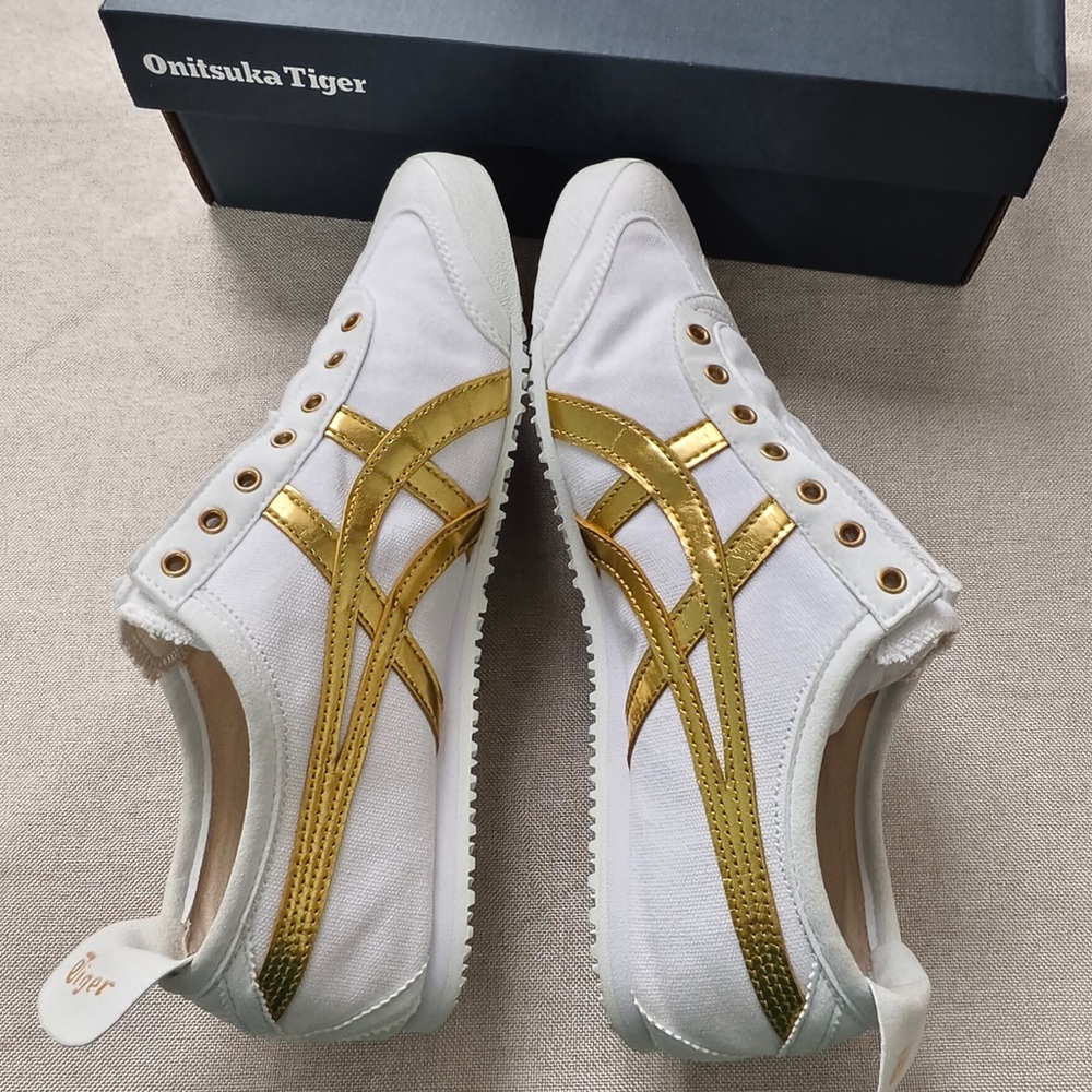 Onitsuka Tiger by Asics Women's White Sneakers with Metallic Gold Stripes - Picture 3 of 12